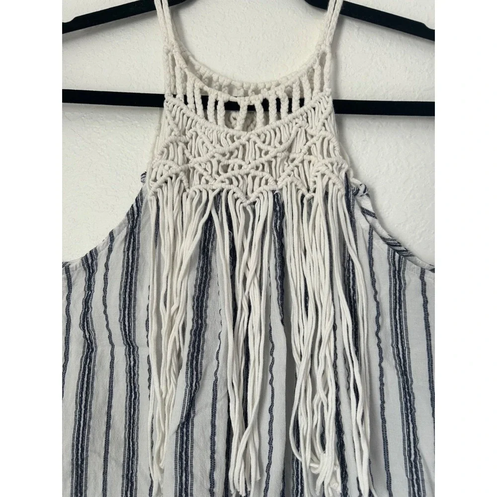 Knox Rose Macrame Fringe Striped Tank Top Size S Blue White Woven‎ Halter Boho